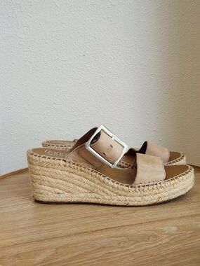Franco Sarto Tan Suede Strap Espadrille Wedge With Silver Buckle
